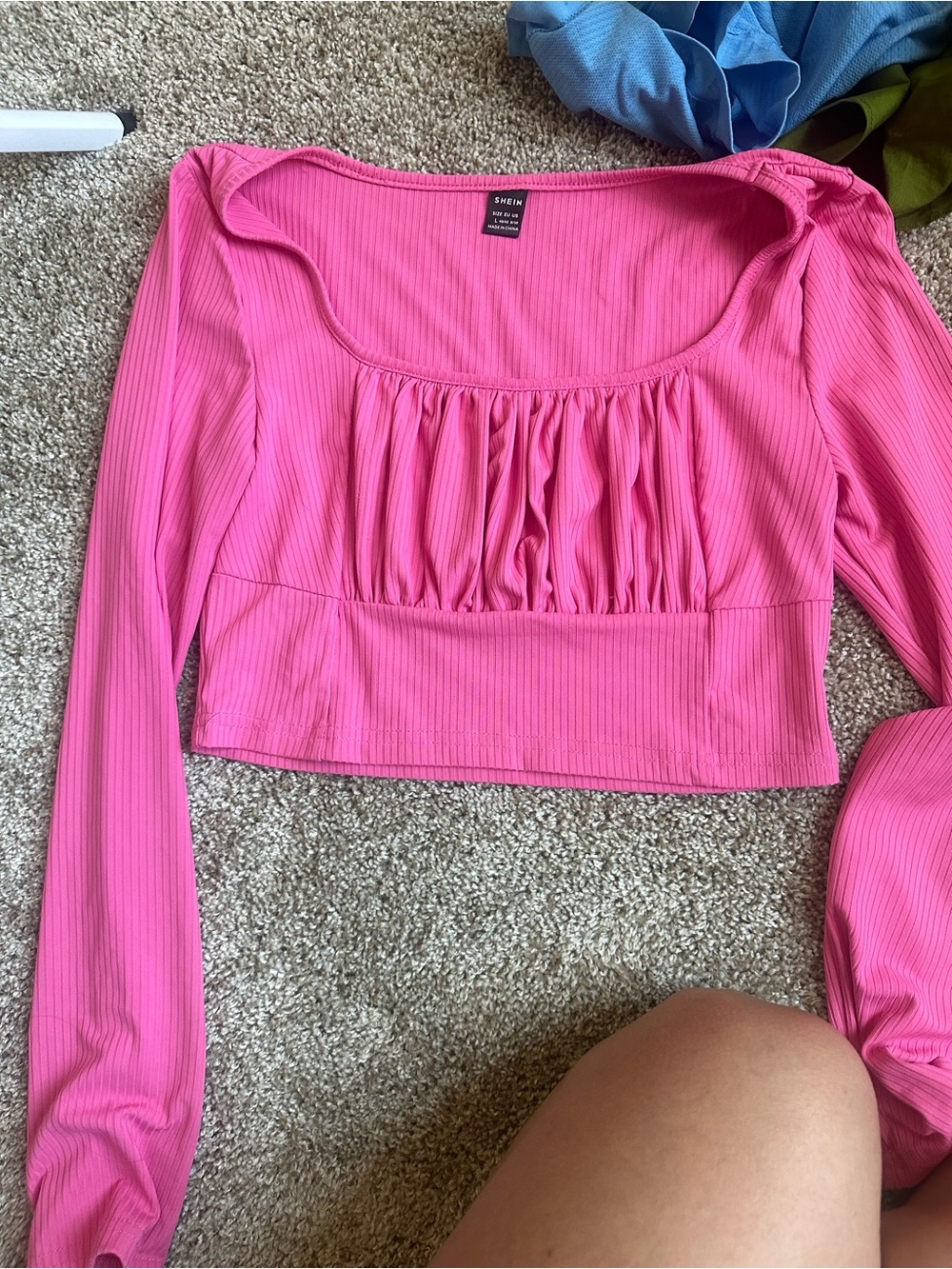 SHEIN Hot Pink Ribbed Long Sleeve Crop Top with Ruched Front